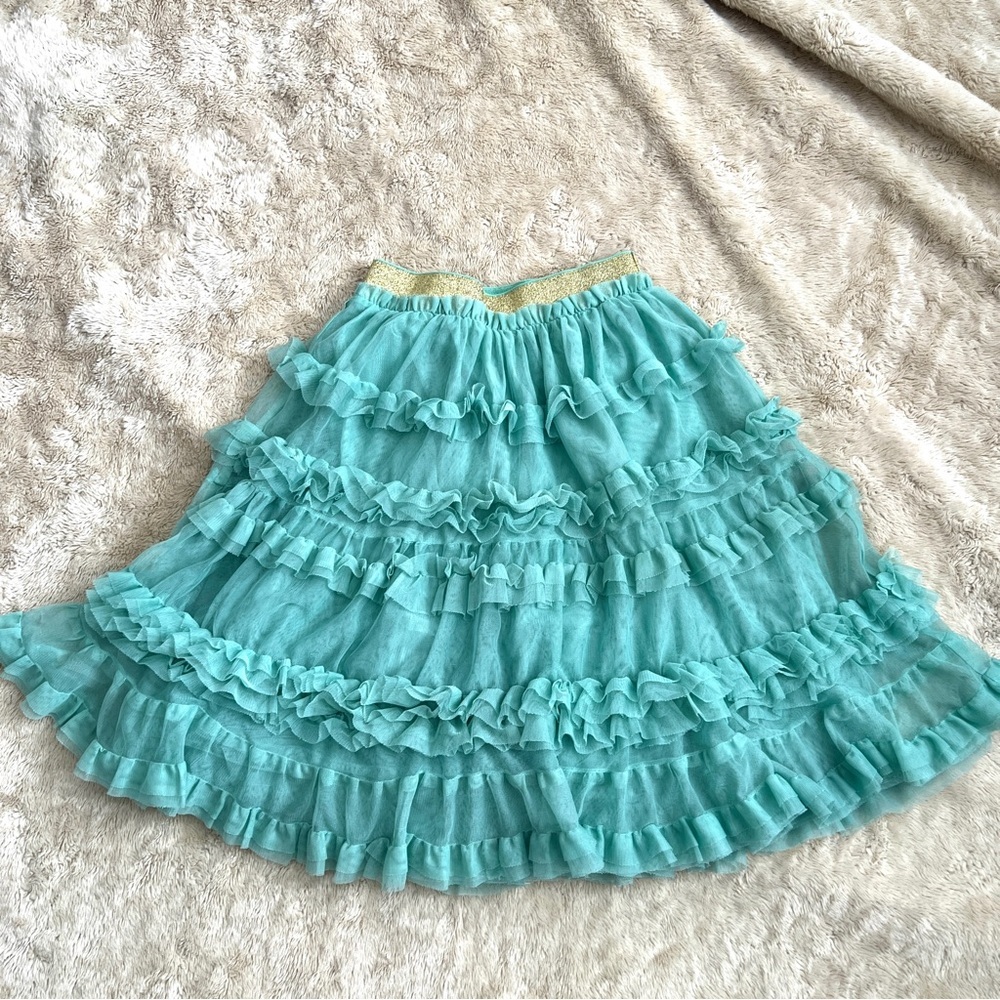 MINI BODEN Girl's Teal & Gold Tierd Ruffle Skirt Size 6-7Y